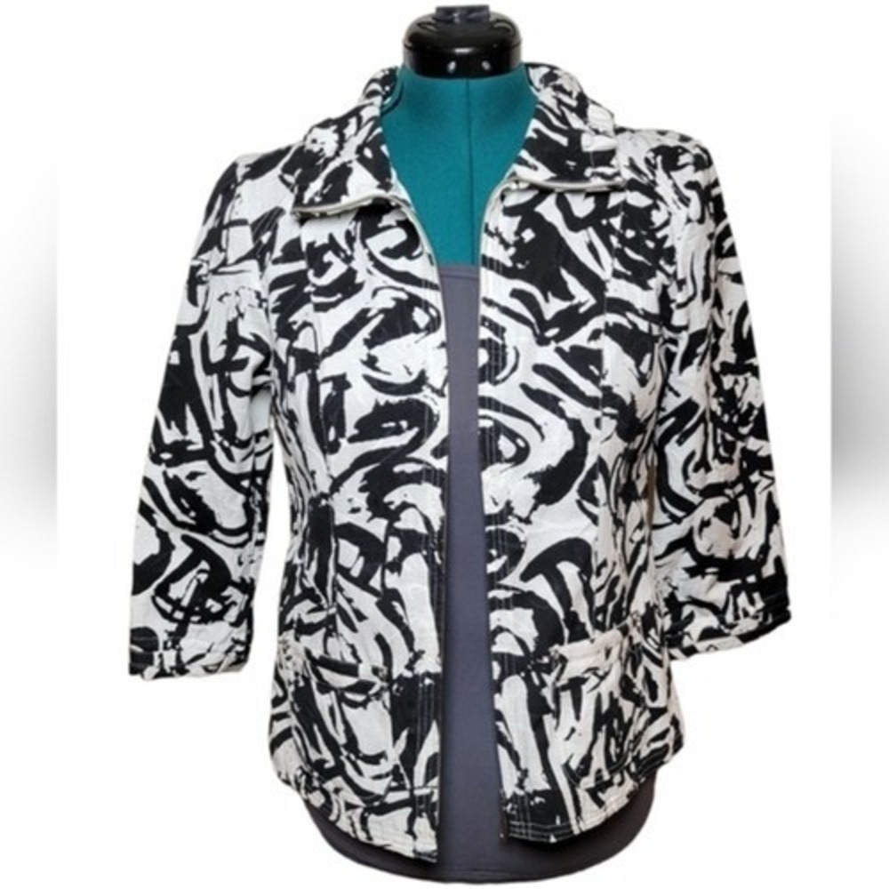 Christopher & Banks Jacket Womens Small Black‎ White Cotton Abstract Zip Up Chic
